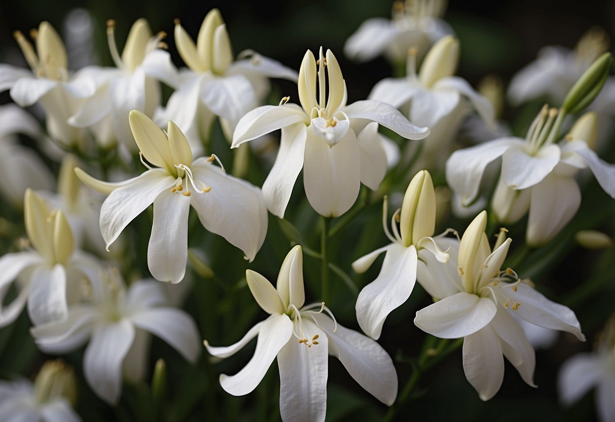 A cluster of white, trumpet-shaped flowers with long, slender stems and delicate, curling petals resembling lilies