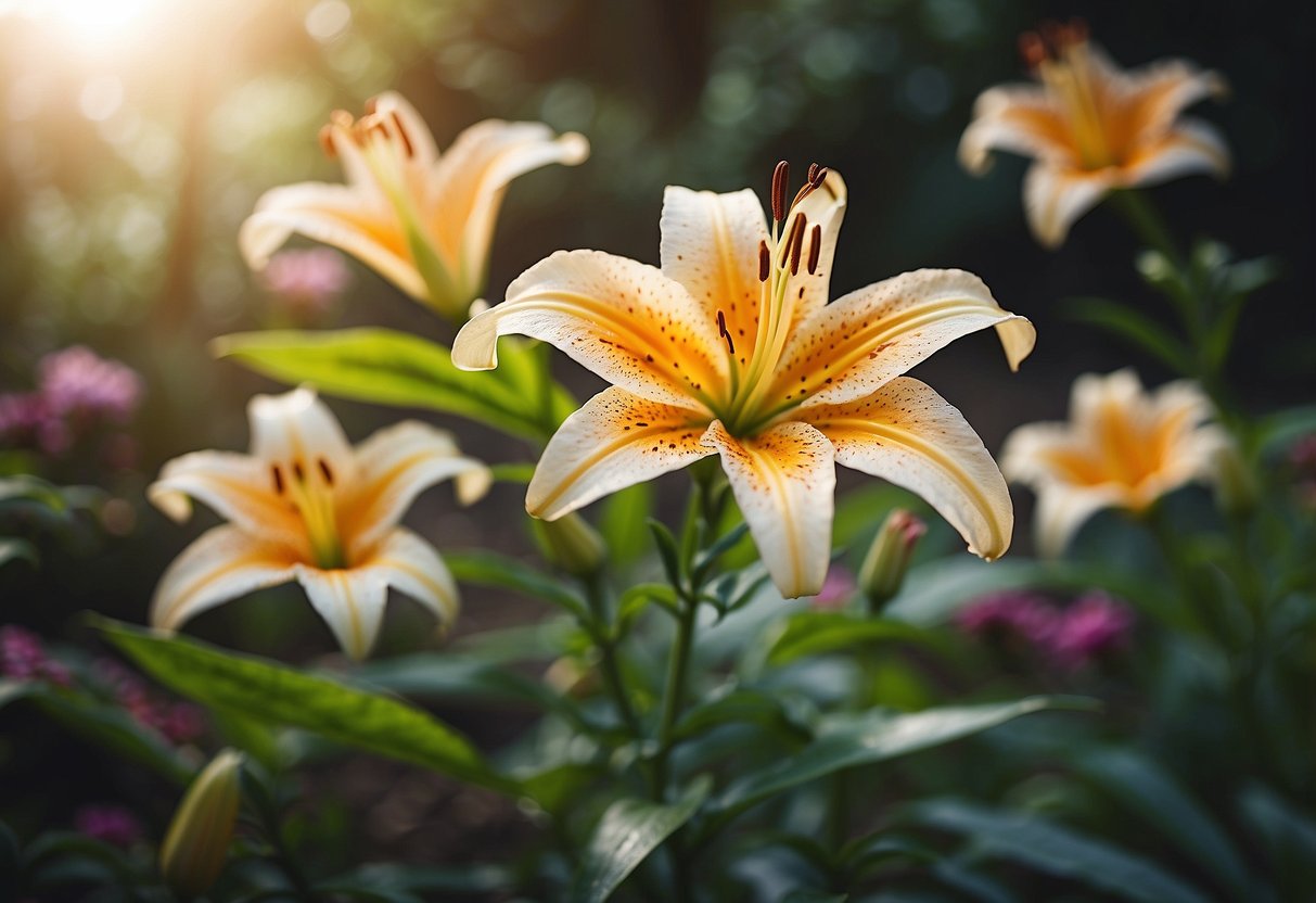 Vibrant lily-like flowers being carefully tended to in a well-kept garden