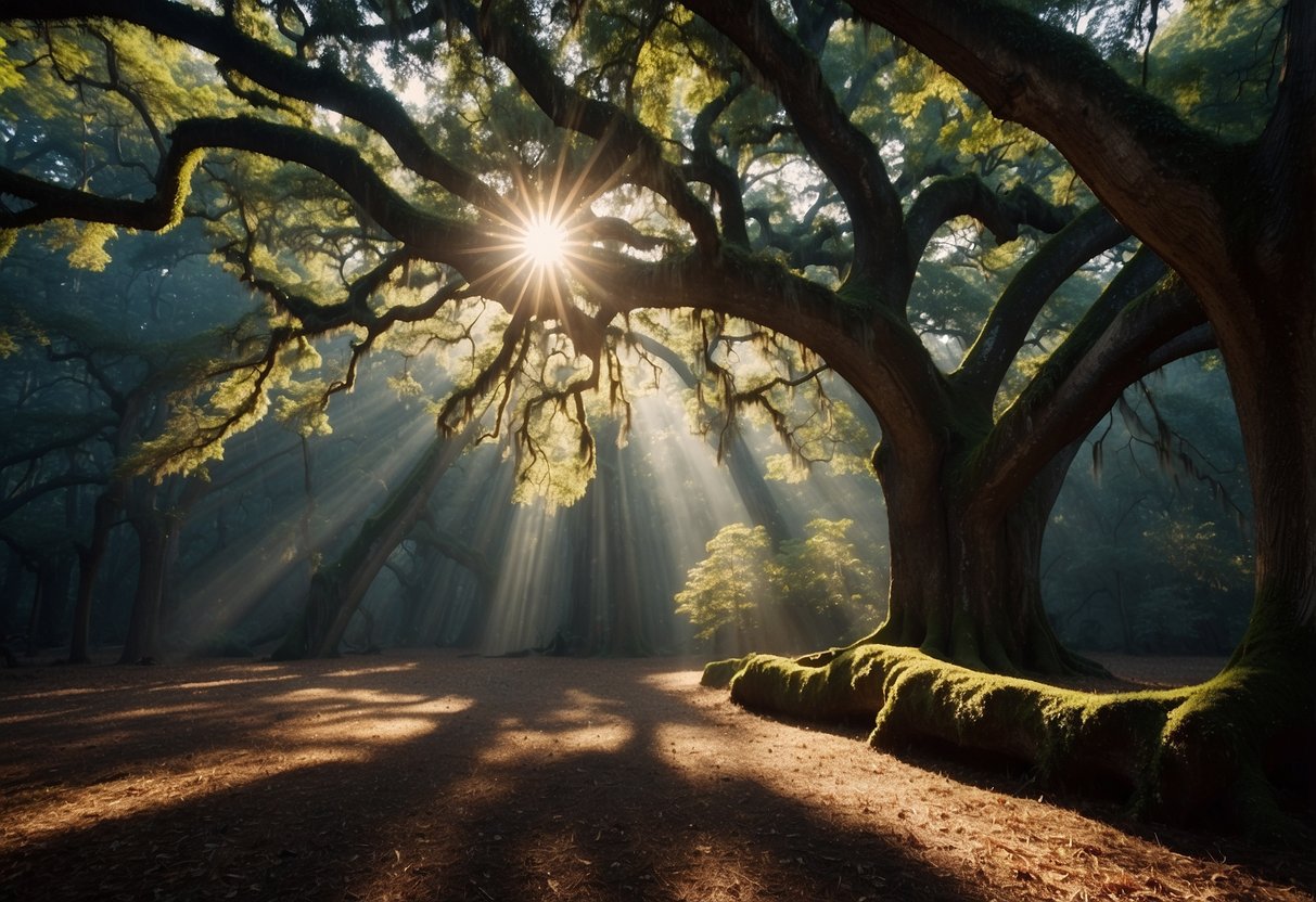 Sunlight filters through the dense canopy of ancient oak trees in South Carolina, casting dappled shadows on the forest floor