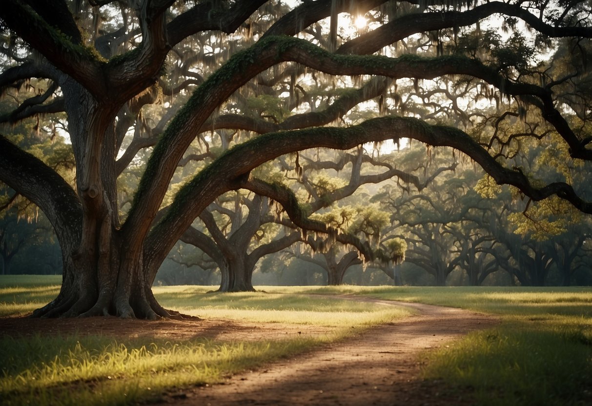 Tall, sturdy oak trees with broad, lobed leaves stand proudly in the South Carolina landscape, their thick trunks and sprawling branches providing shade and shelter for the surrounding flora and fauna