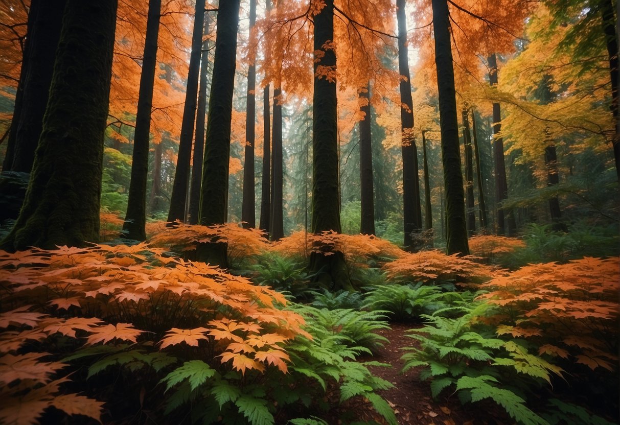 Tall maple trees stand in a dense forest in Oregon, their vibrant red and orange leaves creating a striking contrast against the deep green of the surrounding foliage