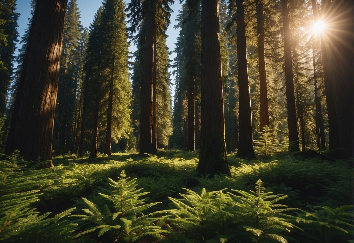 Lush Oregon forest with towering Douglas firs, western red cedars, and bigleaf maples under a clear blue sky