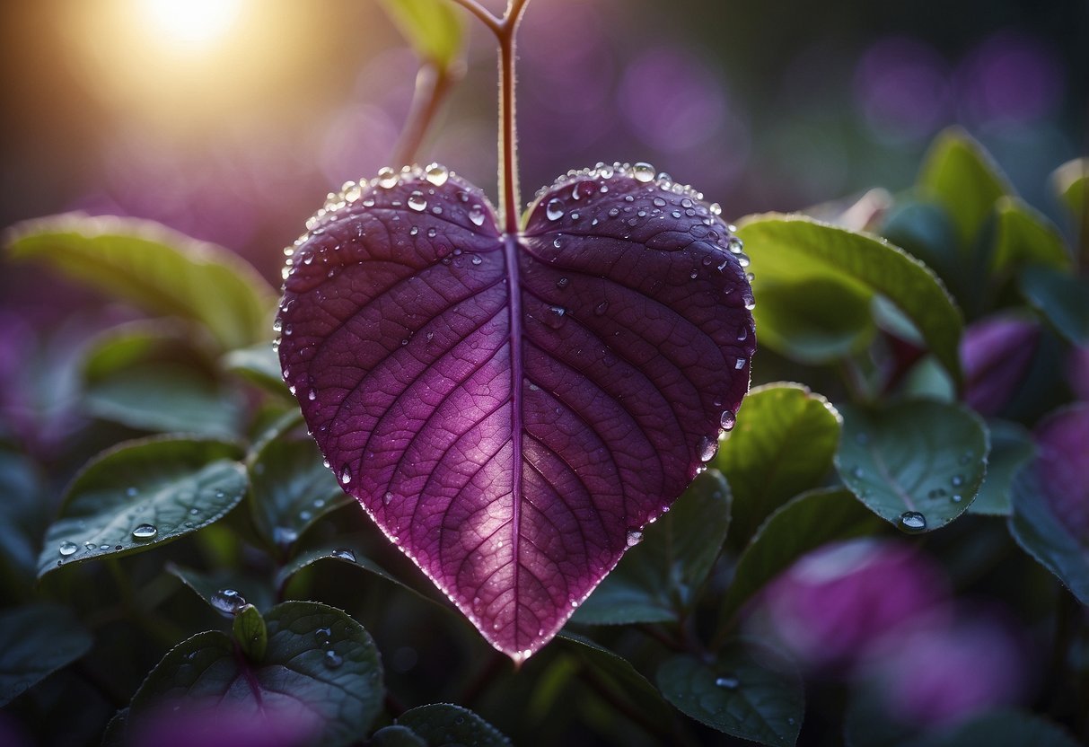 A purple heart plant thrives in the sunlight, its vibrant leaves glistening with dew. The plant's heart-shaped foliage is visually striking, symbolizing love and compassion