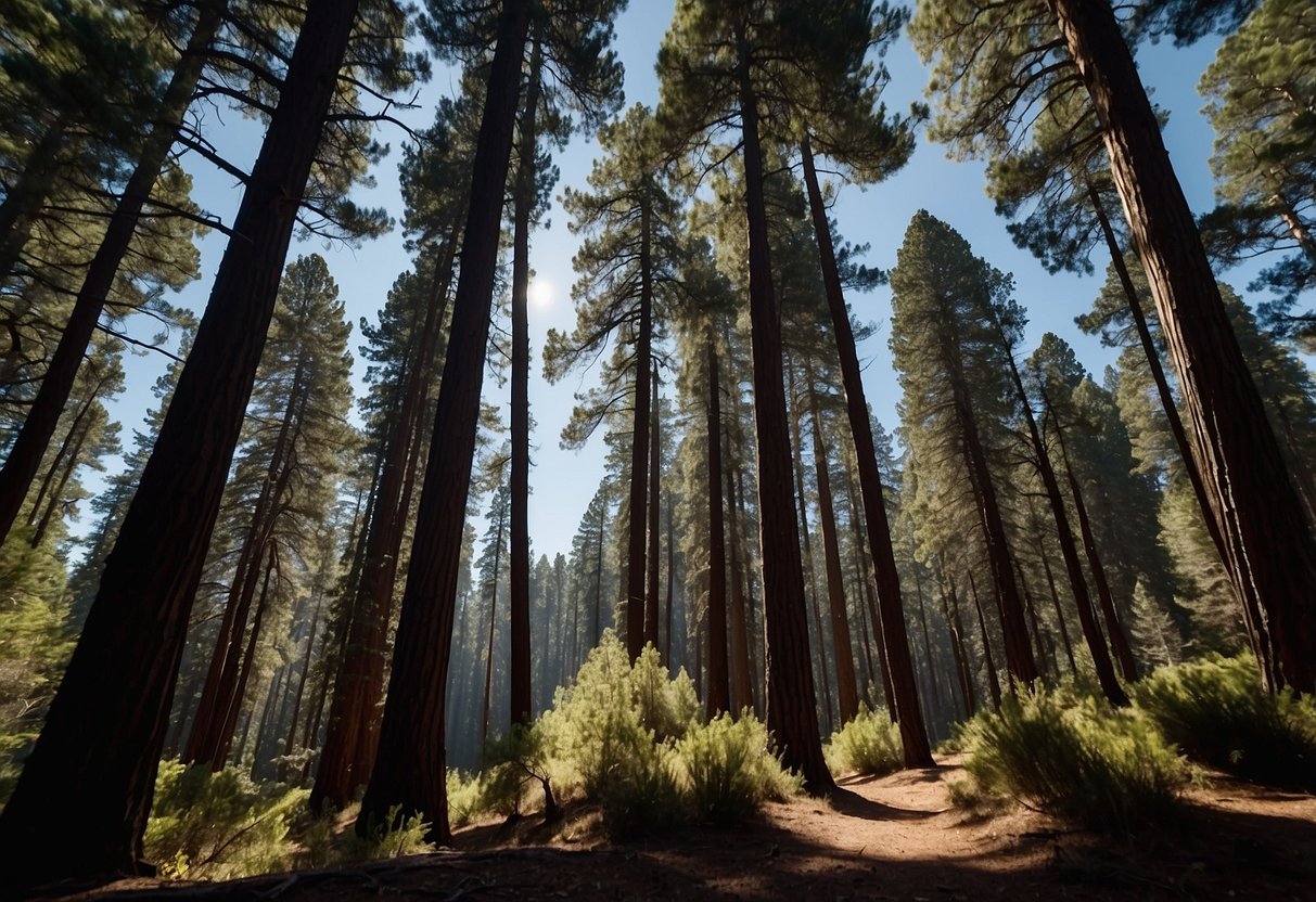 Tall pine trees stand against a clear blue sky in the California wilderness. Their dark green needles form a dense canopy, casting shadows on the forest floor