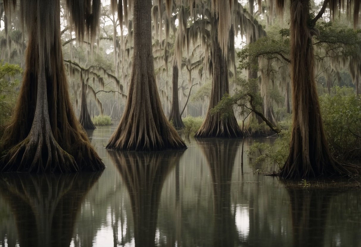 Tall cypress trees stand in murky water, draped with Spanish moss, surrounded by lush greenery and the sounds of wildlife in a Louisiana swamp