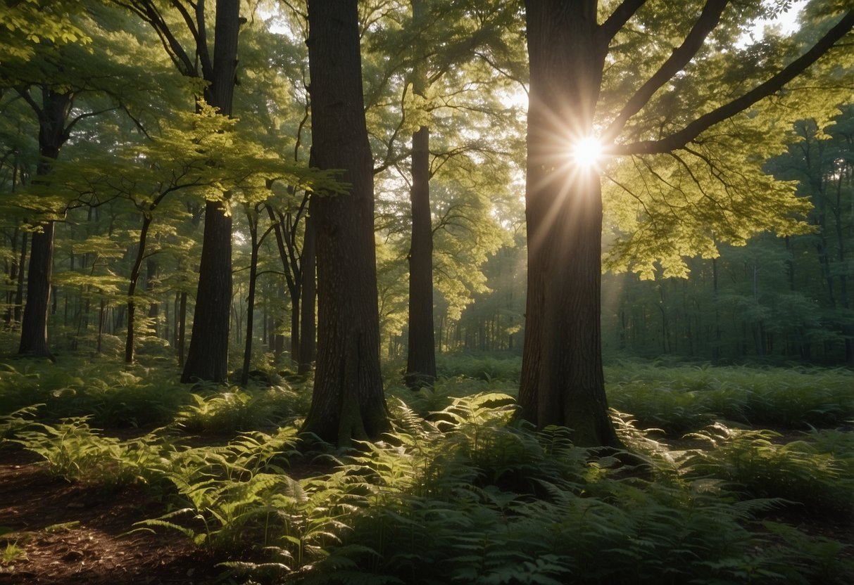 A dense forest of mature oak trees in New York, with sunlight filtering through the leaves and a variety of wildlife thriving in the rich ecosystem