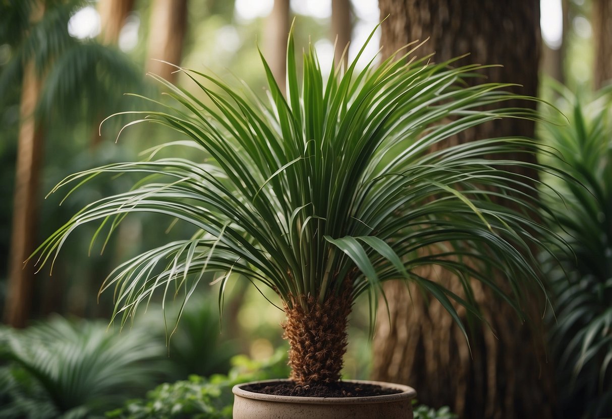 A ponytail palm look-alike stands tall with a thick, textured trunk and long, narrow green leaves cascading from the top