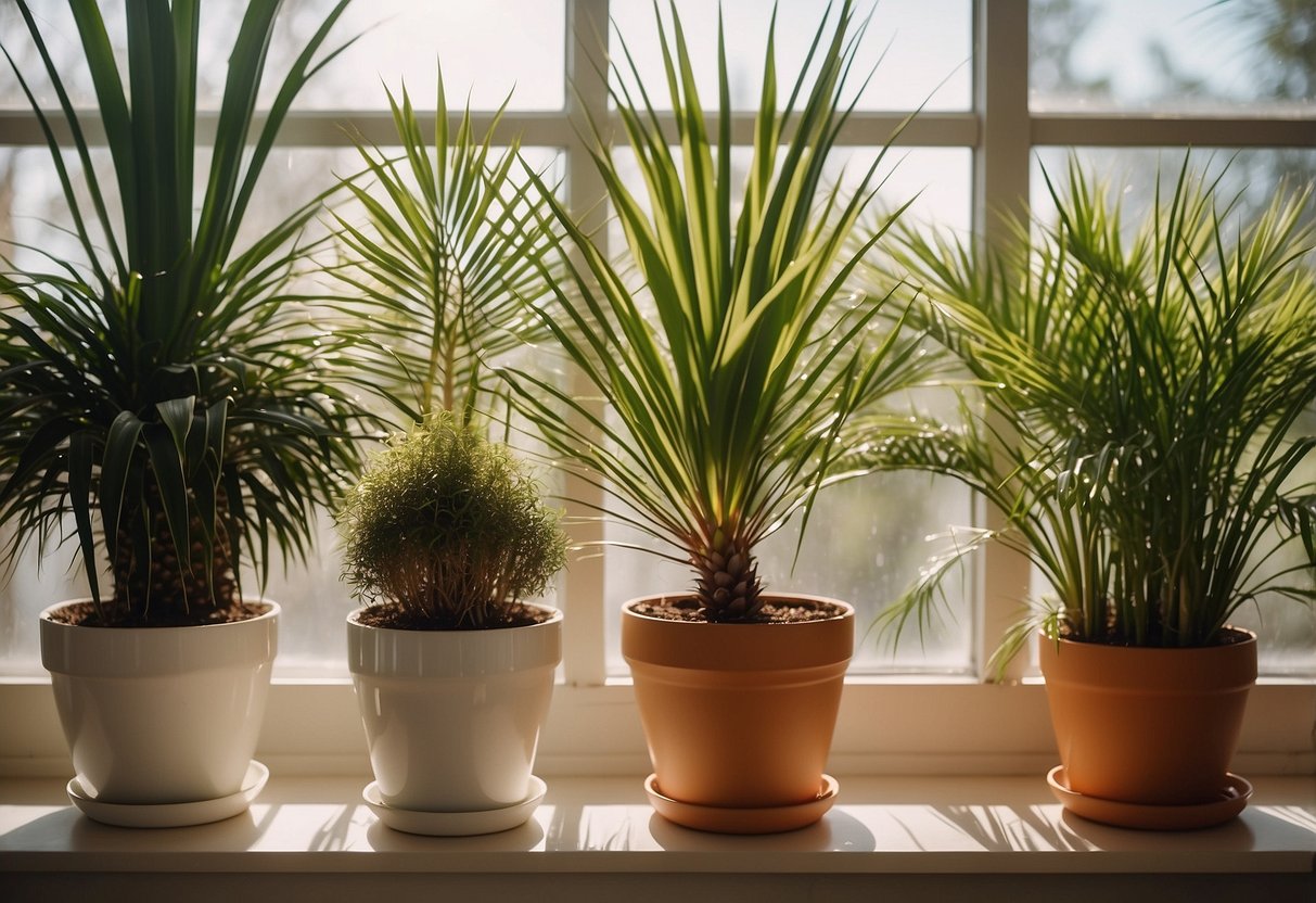 A bright, sunny room with a variety of potted plants, including ponytail palms and their look-alikes, arranged on a windowsill or table