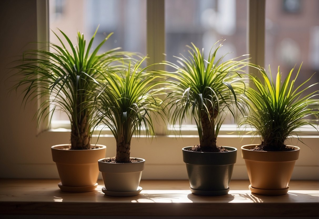 A group of potted plants, including a ponytail palm, are arranged on a sunny windowsill. The ponytail palm stands out with its long, thin leaves cascading from the top of its bulbous trunk