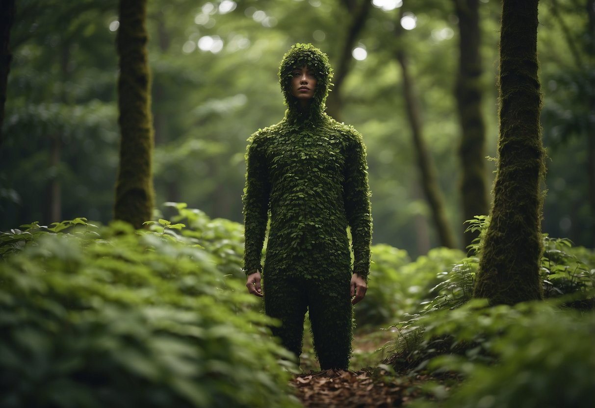 Lush greenery resembling human forms in a forest clearing. Twisting vines and branches create humanoid shapes among the foliage