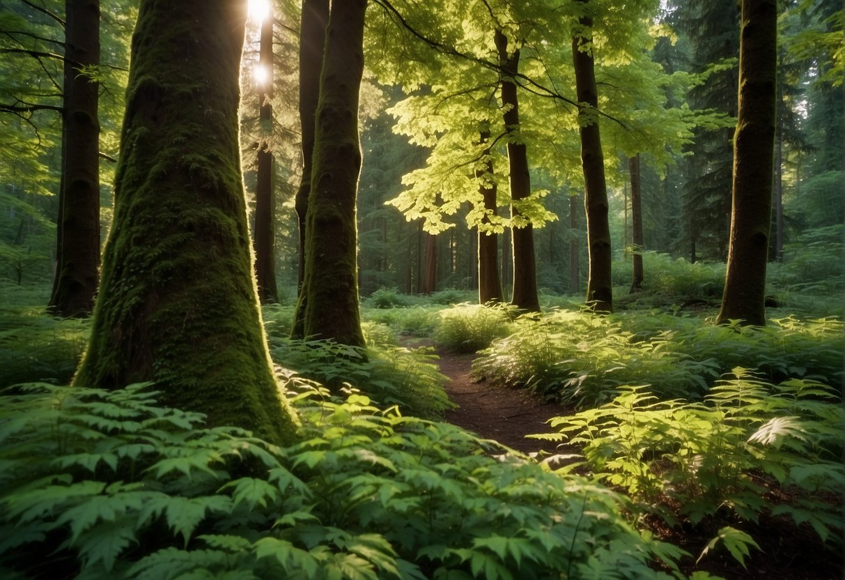 A lush forest of maple trees in Oregon, with vibrant green leaves and a diverse ecosystem of plants and animals thriving beneath the canopy