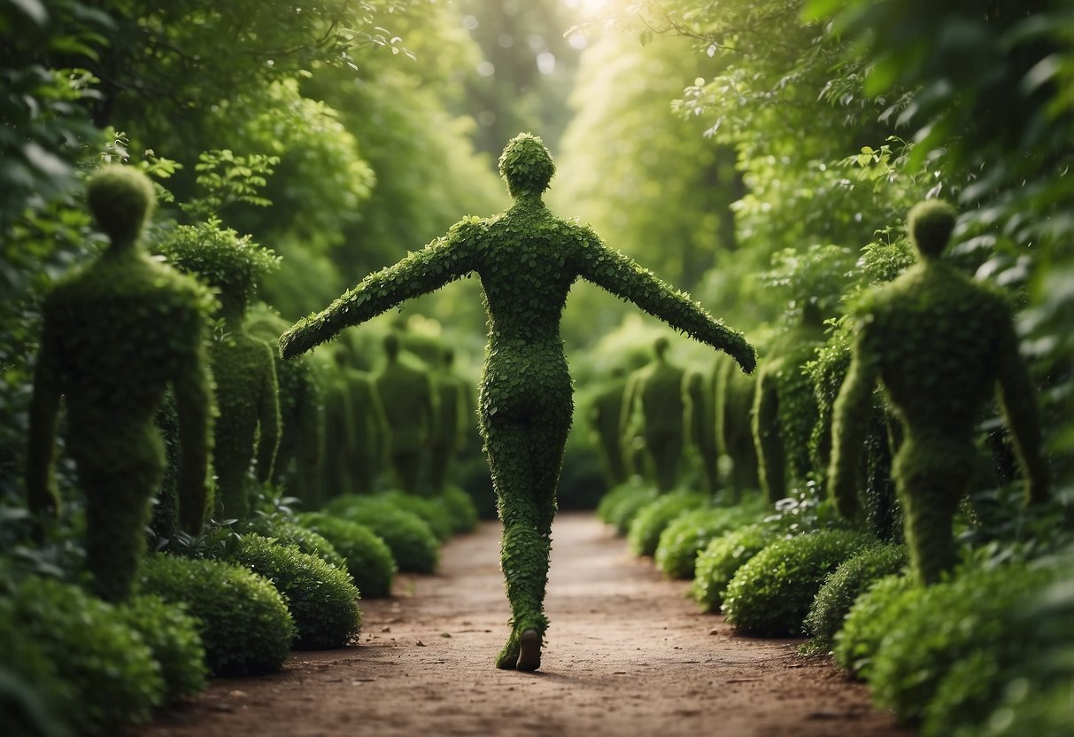 Lush green foliage shaped like human forms, with leaves resembling arms and legs, blending seamlessly into the surrounding environment