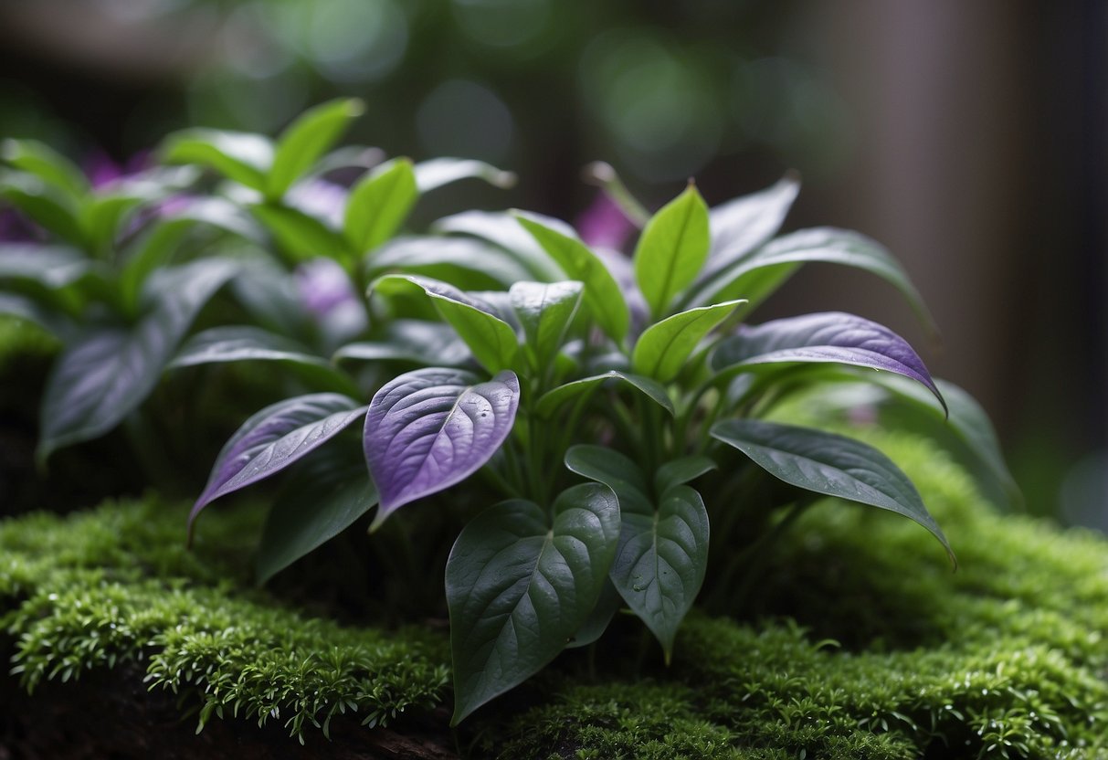 Lush green foliage of wandering jew plants with purple undersides, trailing over a mossy rock in a shaded garden corner