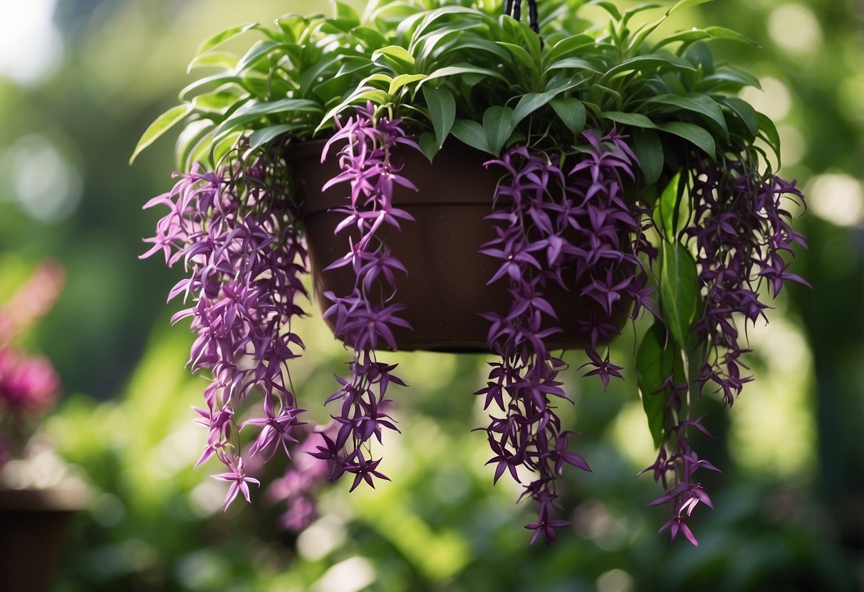 Lush green plants resembling wandering jew cascade down from a hanging basket, their vibrant leaves shimmering in the sunlight