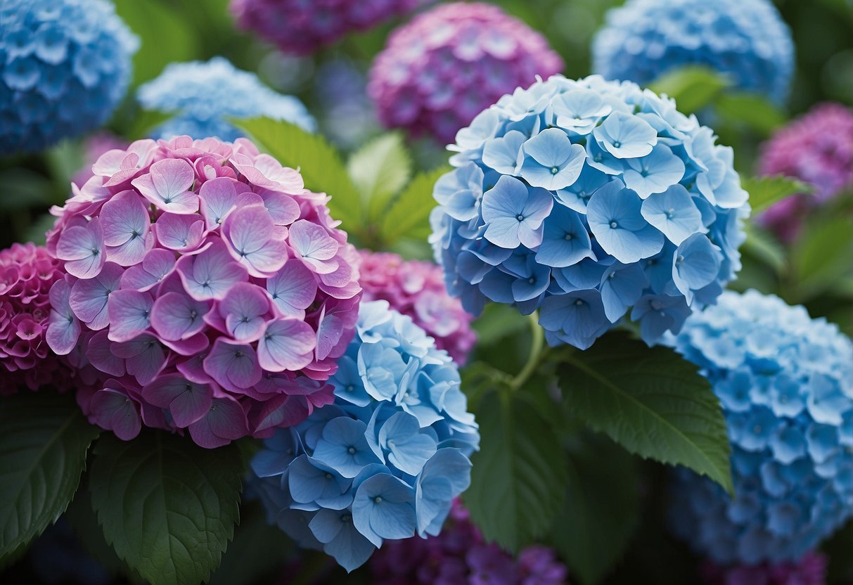 Lush green foliage with large clusters of round, fluffy flowers in shades of blue, pink, and purple resembling hydrangeas