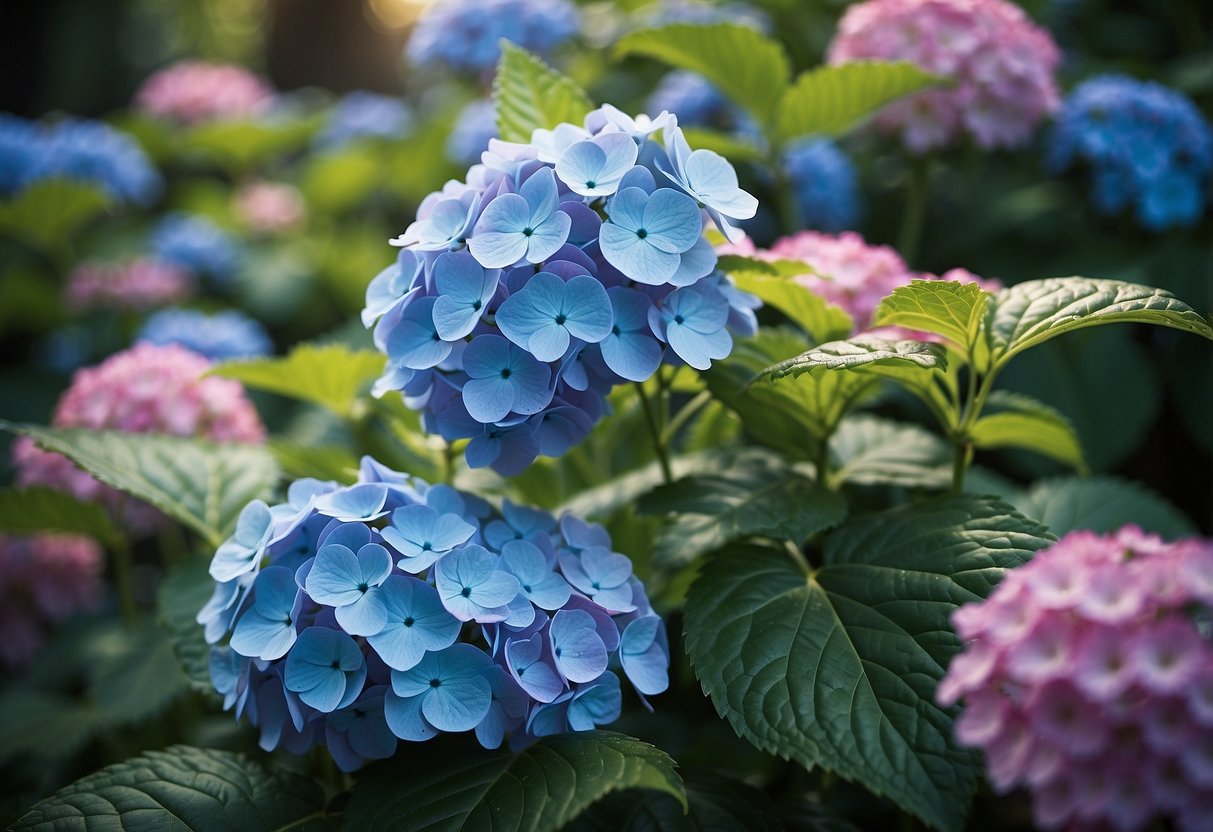 Lush green garden with hydrangea-like plants in various shades of blue, pink, and purple. Sunlight filters through the leaves, highlighting delicate blooms and intricate foliage