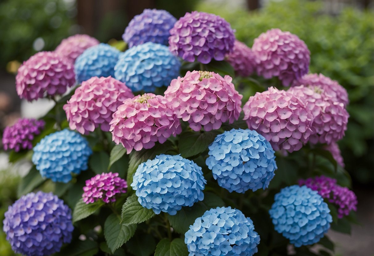 A garden with large clusters of round, colorful flowers resembling hydrangeas in various shades of blue, pink, and purple