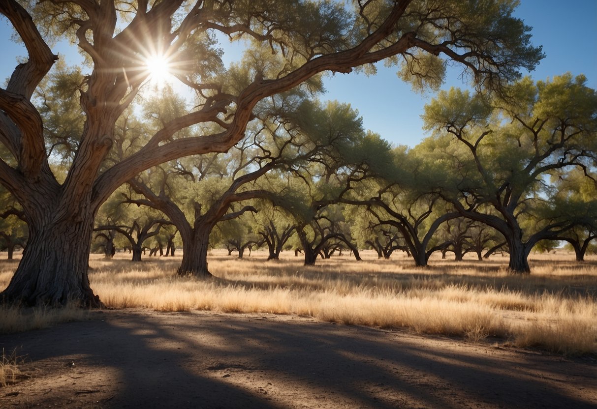 A cluster of tall New Mexico oak trees stand against a clear blue sky, their branches reaching out and casting dappled shadows on the ground below