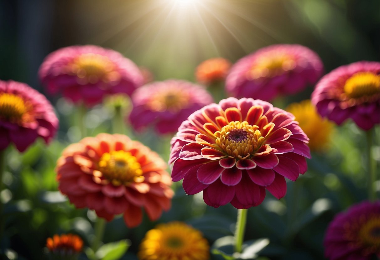 Vibrant zinnias stand tall in a garden, their colorful petals reaching towards the sun