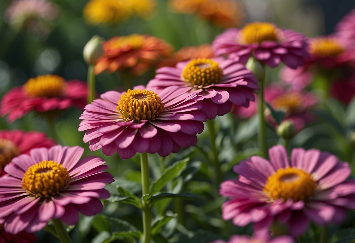 A vibrant zinnia garden blooms with various colors and sizes, showcasing the flower's diverse characteristics. The healthy plants are well-cultivated, with no indication of toxicity to humans