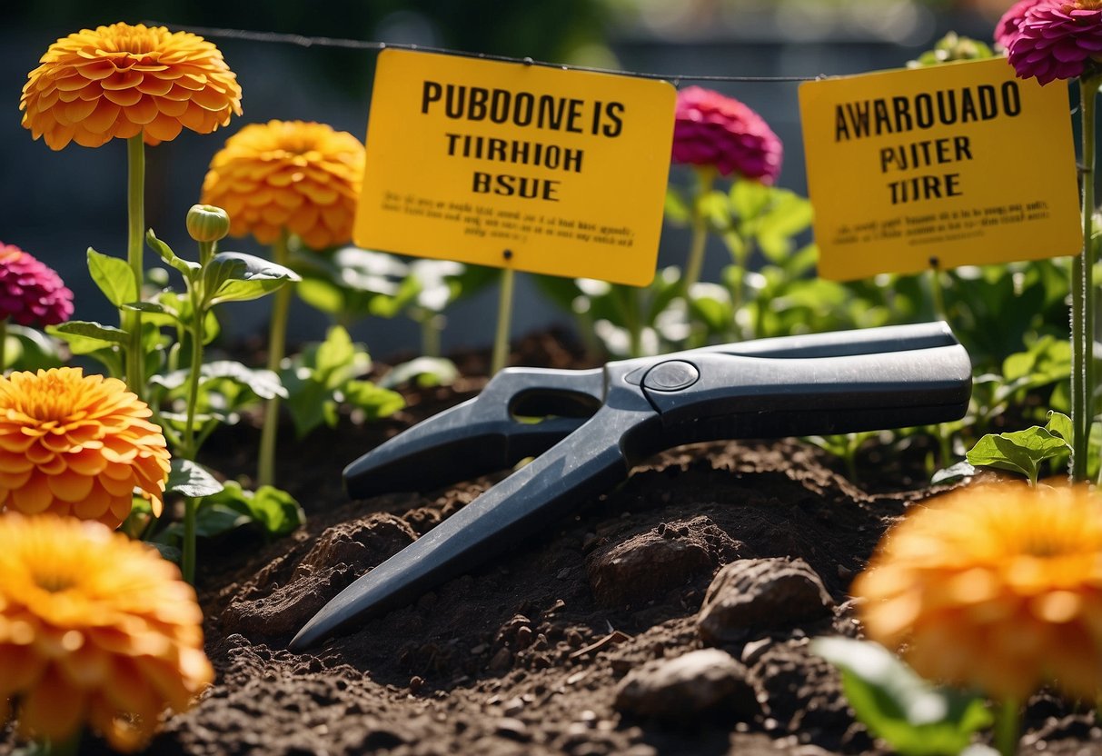 Bright zinnias in a garden, surrounded by warning signs and caution tape. A skull and crossbones symbol on a nearby sign