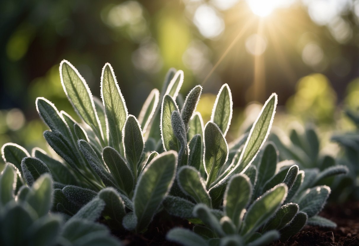 A fuzzy, silvery-green plant resembling lamb's ear grows in a sun-dappled garden, its velvety leaves catching the light