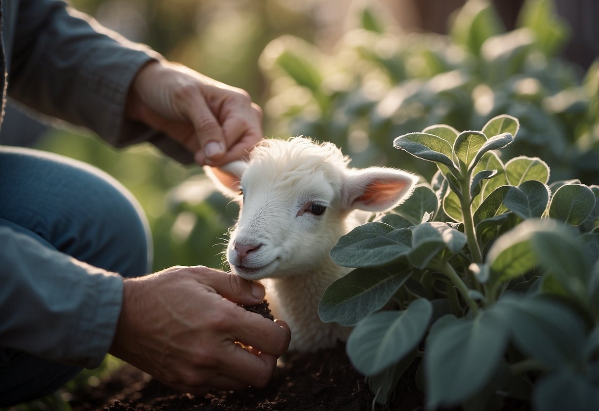 A gardener tenderly tends to a lamb's ear plant, gently watering and pruning its soft, fuzzy leaves