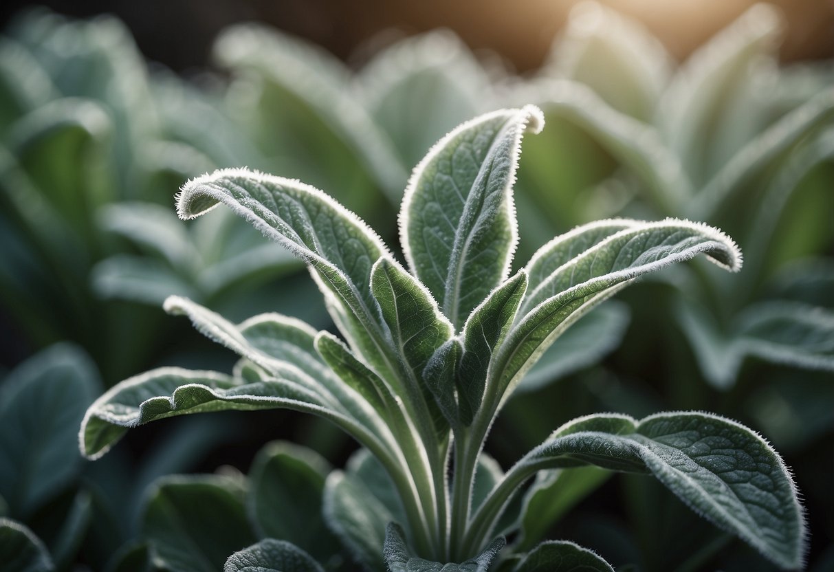 A Lamb's Ear plant with fuzzy, silvery-green leaves resembling a lamb's ear