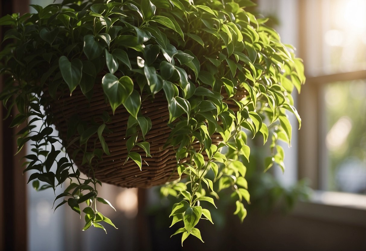 Lush green leaves of wandering jew plant cascading down a hanging basket, with sunlight streaming through the window, creating a serene and inviting atmosphere