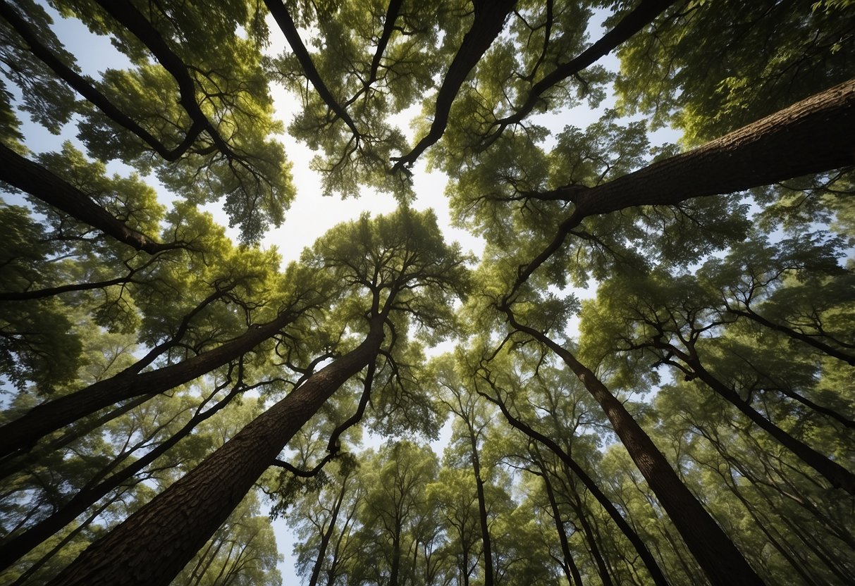 Tall oak trees stand in a dense forest in North Carolina, their branches reaching towards the sky, surrounded by lush greenery