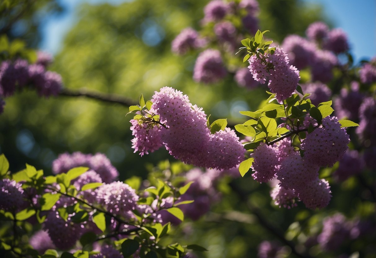 A vibrant purple flowering tree stands tall in a Wisconsin landscape, surrounded by lush green foliage and a clear blue sky