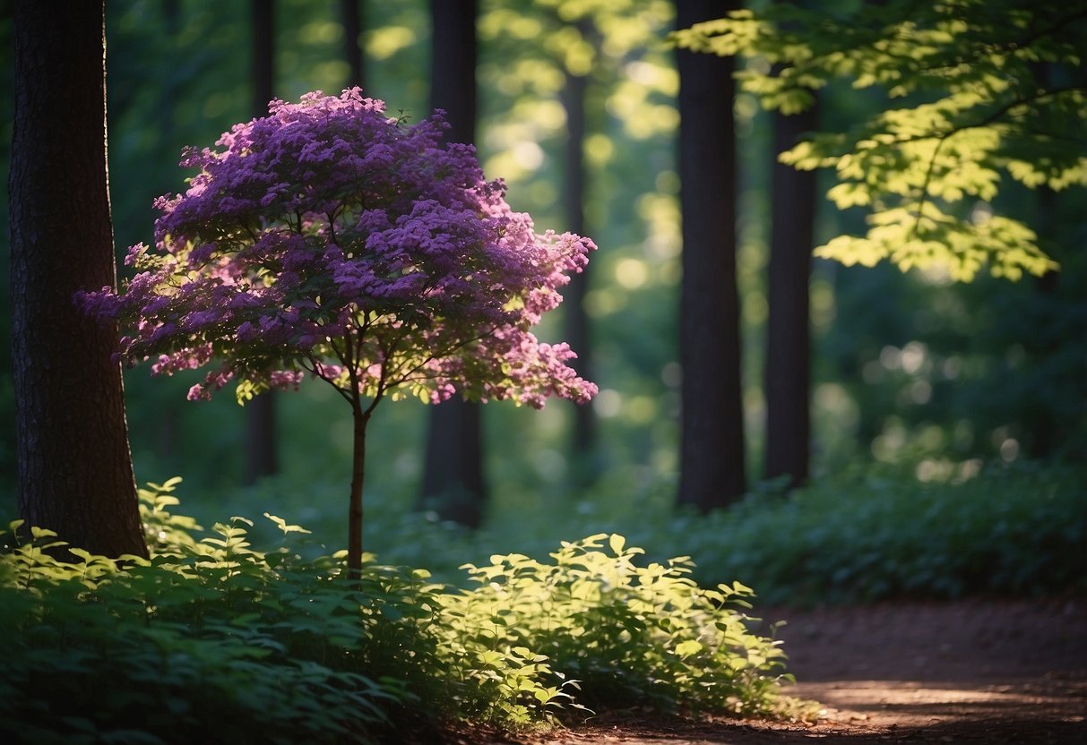 A vibrant purple flowering tree stands tall in a Wisconsin forest, surrounded by lush greenery and dappled sunlight filtering through the leaves