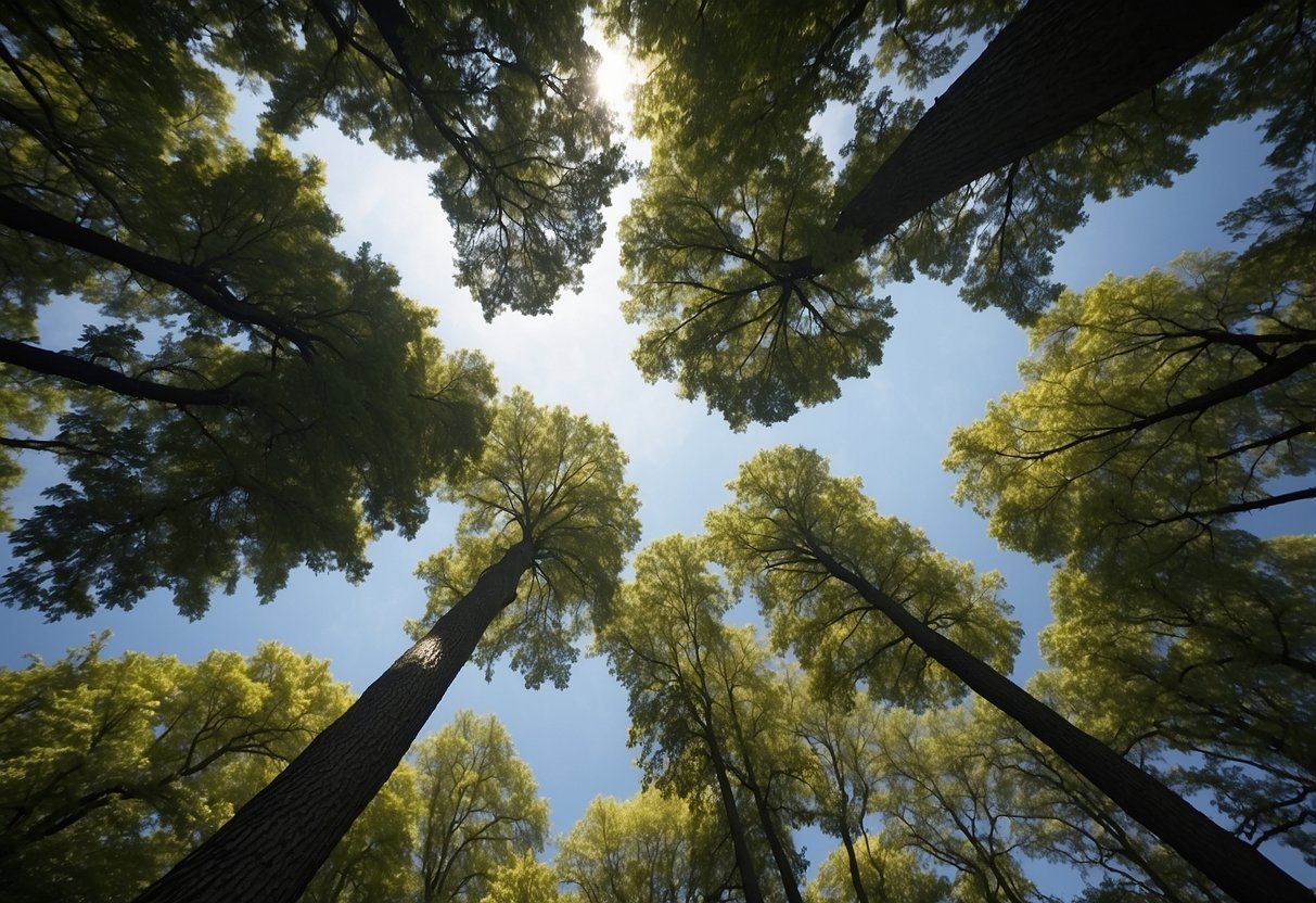 Tall trees shoot up in Indiana, their branches reaching for the sky. The forest grows rapidly, creating a dense and vibrant landscape