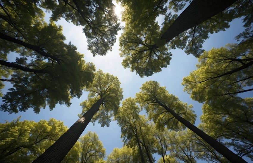 Tall trees shoot up in Indiana, their branches reaching for the sky. The forest grows rapidly, creating a dense and vibrant landscape