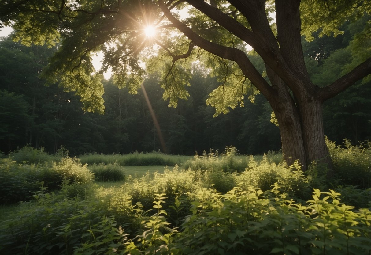 Lush green landscape with fast-growing trees in Indiana, providing shade and oxygen. Considerations for soil type and maintenance evident