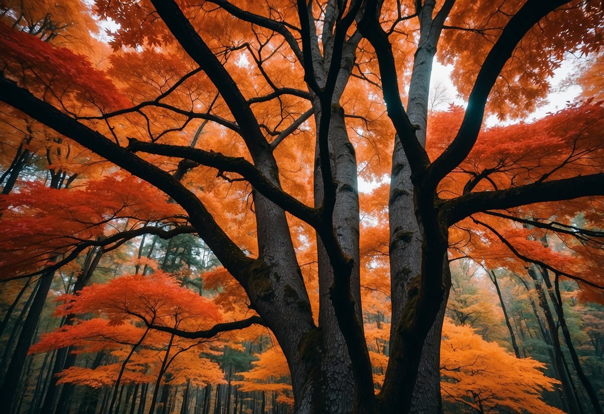 Maple trees stand tall in a Georgia forest, their vibrant red and orange leaves creating a stunning autumn landscape