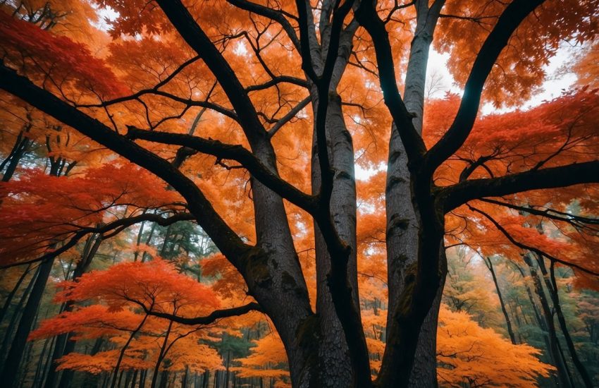 Maple trees stand tall in a Georgia forest, their vibrant red and orange leaves creating a stunning autumn landscape