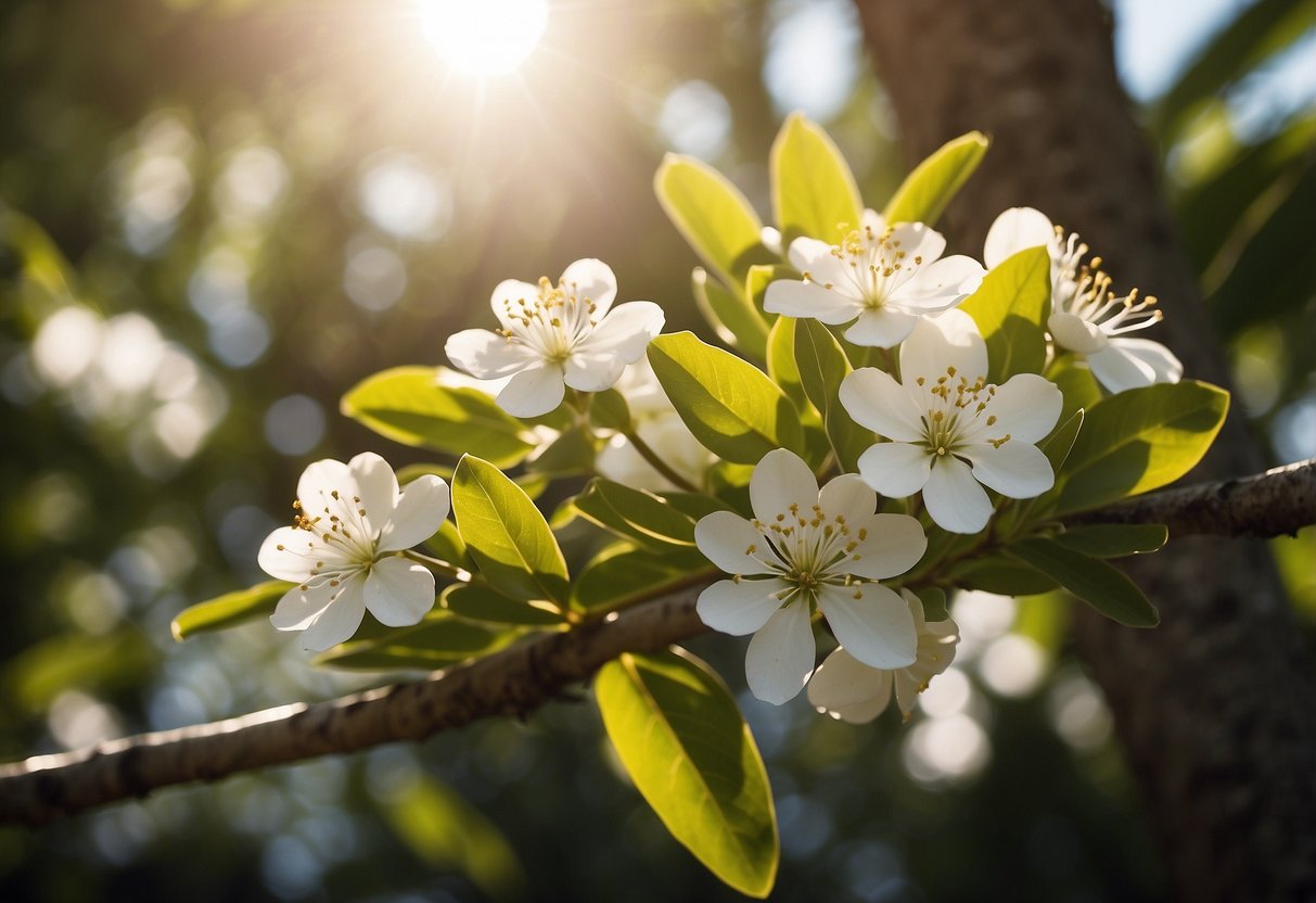 A Florida tree with white flowers blooms in the warm sunshine