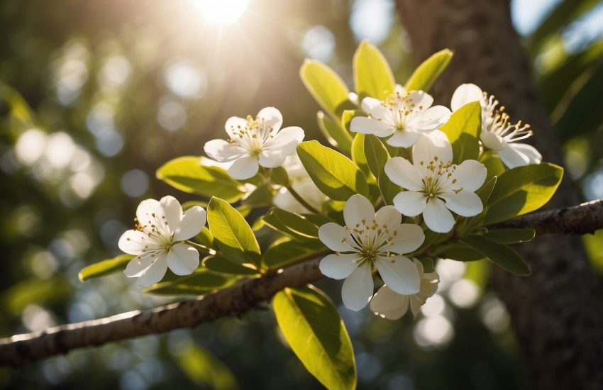 A Florida tree with white flowers blooms in the warm sunshine