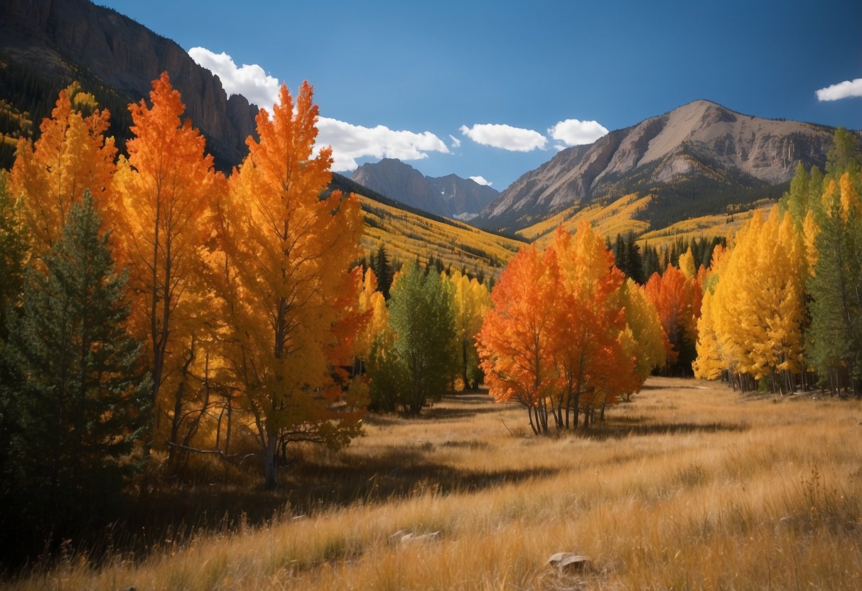 Vibrant maple trees stand tall against the backdrop of the Rocky Mountains in Colorado, their leaves displaying a stunning array of red, orange, and yellow hues