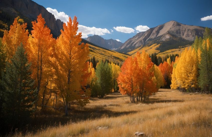 Vibrant maple trees stand tall against the backdrop of the Rocky Mountains in Colorado, their leaves displaying a stunning array of red, orange, and yellow hues