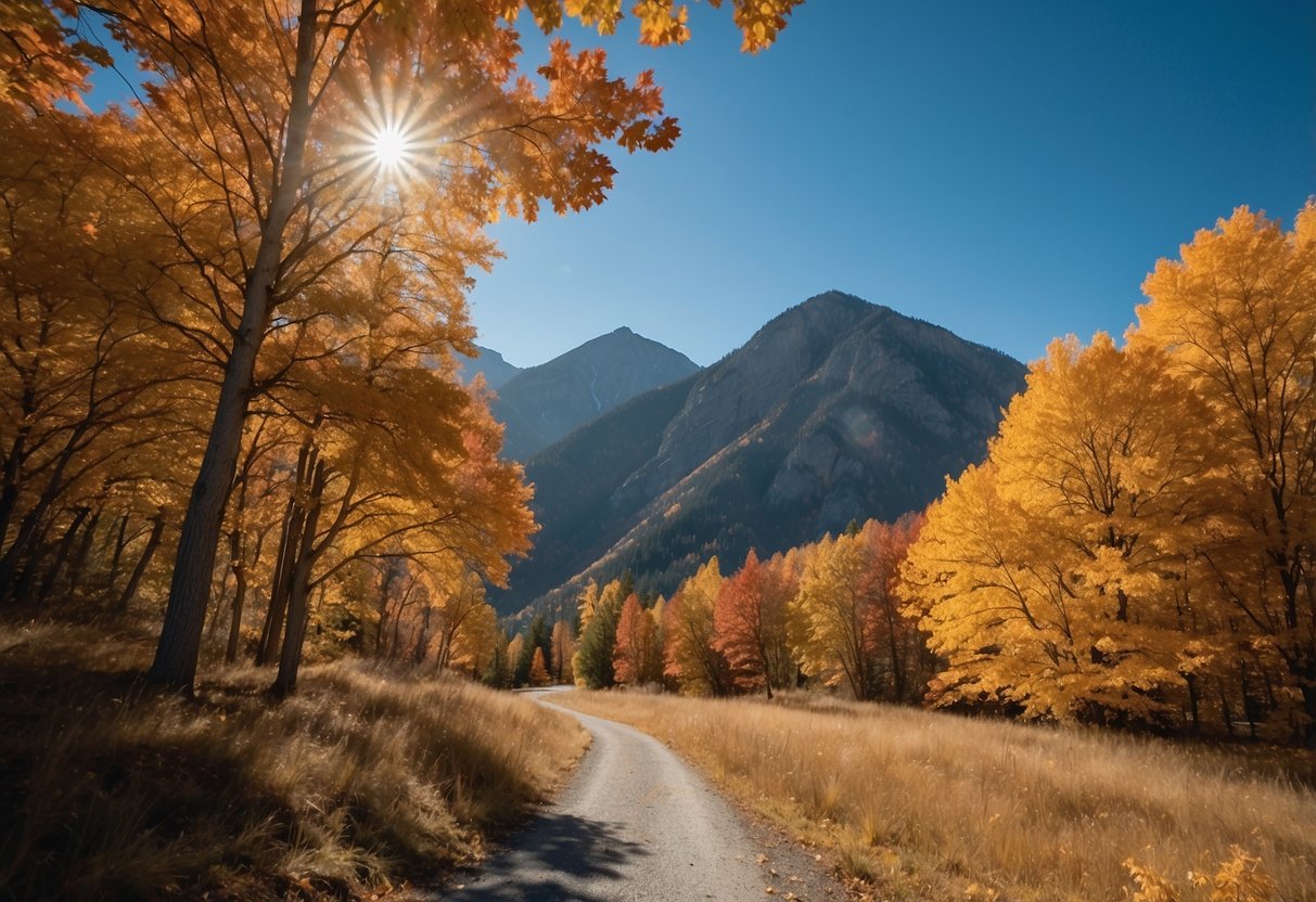 A serene mountain landscape with vibrant maple trees in full autumn color, set against a backdrop of rugged peaks and a clear blue sky
