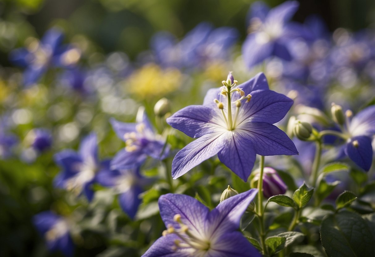 A garden filled with vibrant balloon flower varieties in full bloom. Each delicate blossom sways gently in the breeze, creating a beautiful and colorful display
