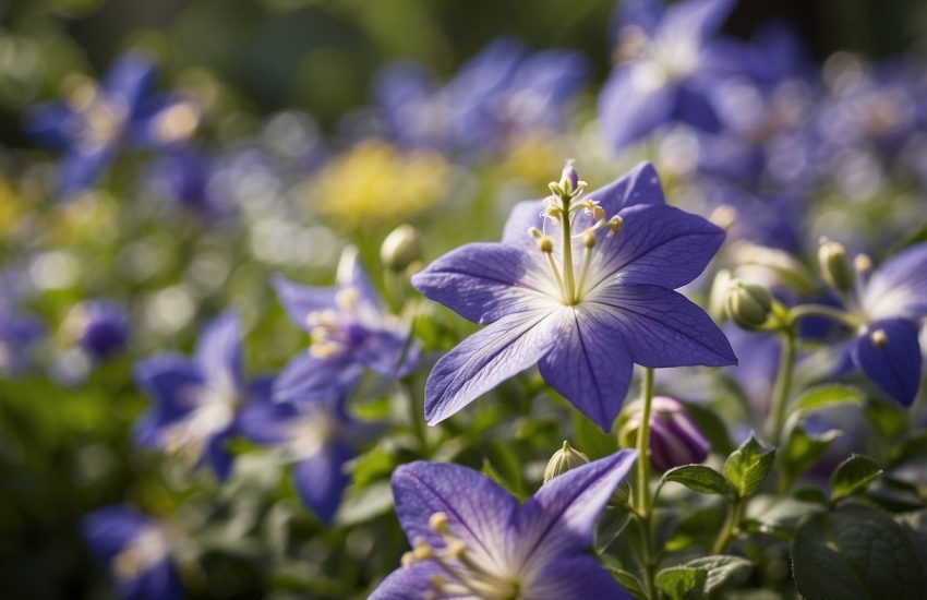 A garden filled with vibrant balloon flower varieties in full bloom. Each delicate blossom sways gently in the breeze, creating a beautiful and colorful display