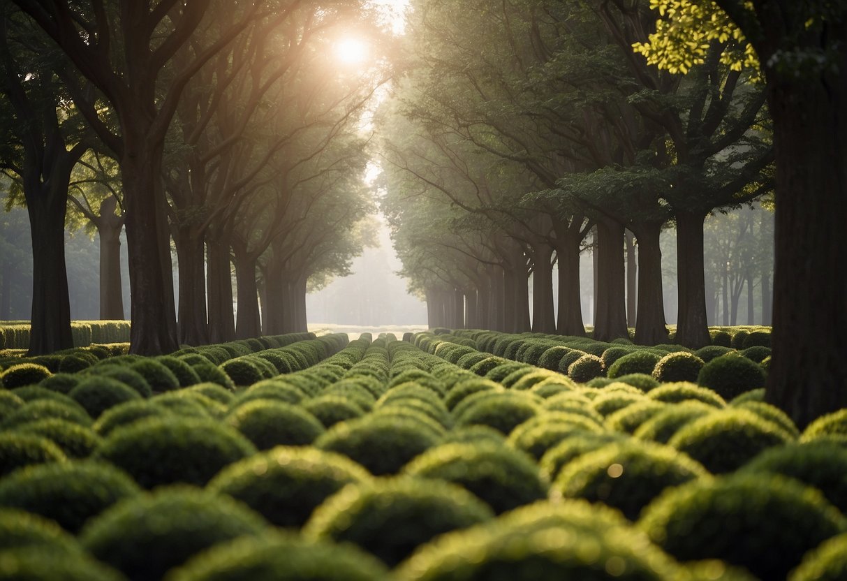 A row of boxwoods stands untouched as deer roam nearby