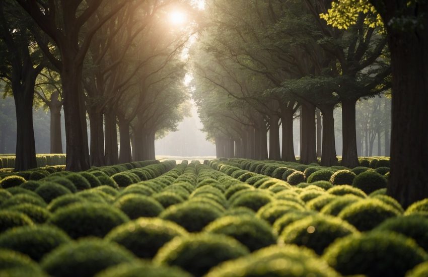 A row of boxwoods stands untouched as deer roam nearby