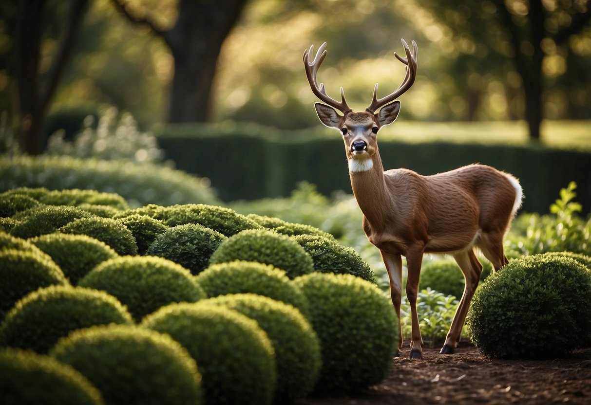 A garden filled with boxwood plants, untouched by deer, surrounded by other complementary deer-resistant plants