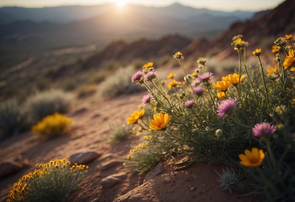Vibrant wildflowers dot the arid Arizona desert landscape, contrasting against the rugged terrain and adding a pop of color to the barren expanse