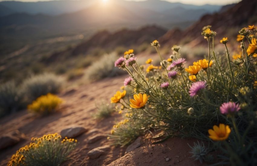 Vibrant wildflowers dot the arid Arizona desert landscape, contrasting against the rugged terrain and adding a pop of color to the barren expanse