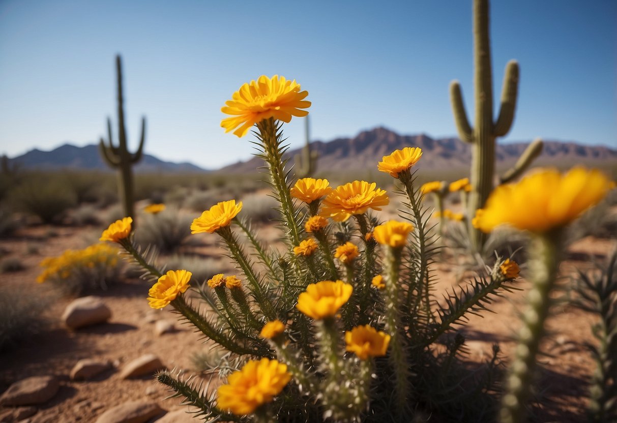Vibrant wildflowers bloom across the arid Arizona desert, showcasing a range of colors and sizes, from delicate desert marigolds to towering saguaro cacti adorned with bright pink blooms